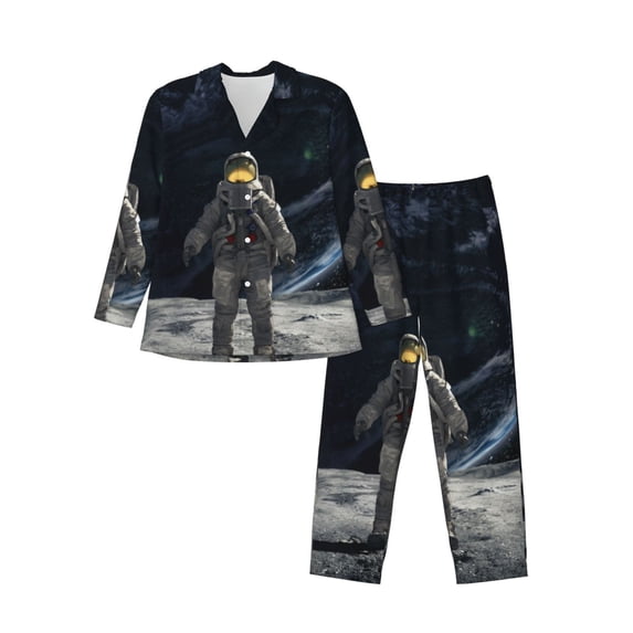 Bingfone Men's Pajama Set 2 Piece Loungewear PJs, Long Sleeve with Pajama Pants-Astronaut Standing In The Moon