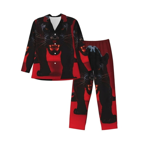 Bingfone Men's Pajama Set 2 Piece Loungewear PJs, Long Sleeve with Pajama Pants-Black Panther Red Background