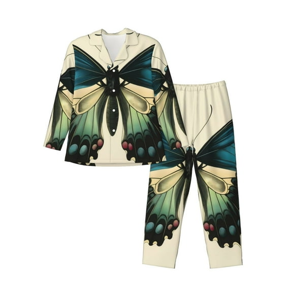 Bingfone Men's Pajama Set 2 Piece Loungewear PJs, Long Sleeve with Pajama Pants-Blue Black Butterfly Art