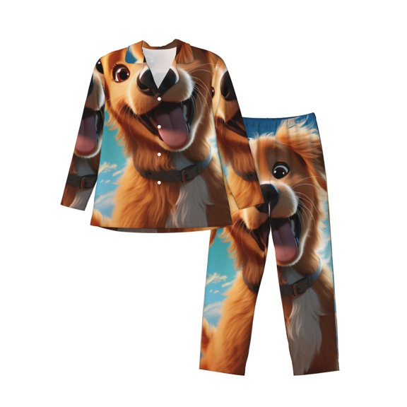 Bingfone Men's Pajama Set 2 Piece Loungewear PJs, Long Sleeve with Pajama Pants-Blue Sky Cute Dog