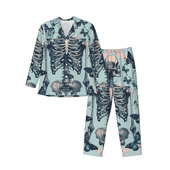 Bingfone Men's Pajama Set 2 Piece Loungewear PJs, Long Sleeve with Pajama Pants-Butterflies Skull Bows