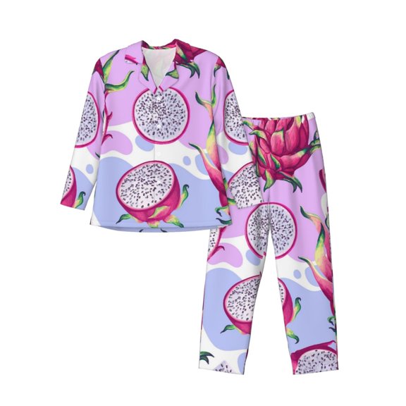 Bingfone Men's Pajama Set 2 Piece Loungewear PJs, Long Sleeve with Pajama Pants-Dragon Fruit
