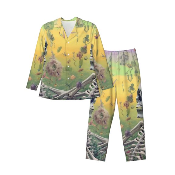 Bingfone Men's Pajama Set 2 Piece Loungewear PJs, Long Sleeve with Pajama Pants-Flower Butterfly Skull Couple