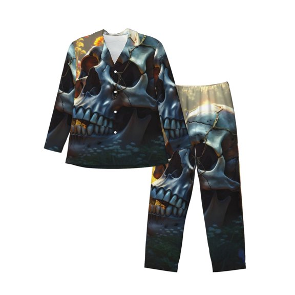 Bingfone Men's Pajama Set 2 Piece Loungewear PJs, Long Sleeve with Pajama Pants-Flower Field Skull