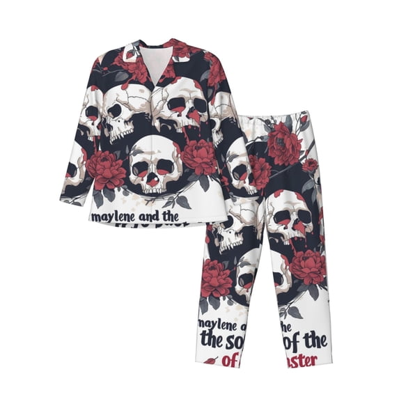 Bingfone Men's Pajama Set 2 Piece Loungewear PJs, Long Sleeve with Pajama Pants-Gothic Skulls And Roses