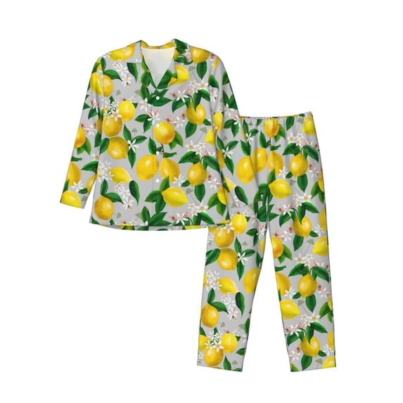 Bingfone Men's Pajama Set 2 Piece Loungewear PJs, Long Sleeve with Pajama Pants-Lemon Seamless Pattern Oil Painting Effect
