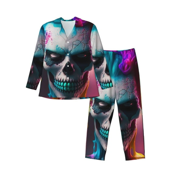 Bingfone Men's Pajama Set 2 Piece Loungewear PJs, Long Sleeve with Pajama Pants-Modern Abstract Colorful Skull A