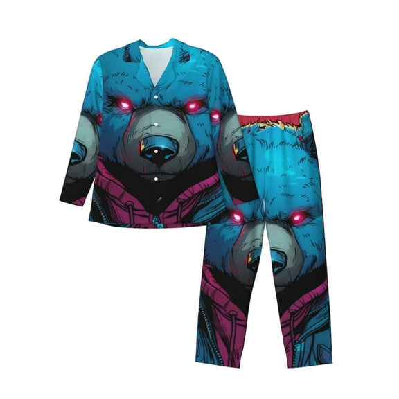 Bingfone Men's Pajama Set 2 Piece Loungewear PJs, Long Sleeve with Pajama Pants-Neon Cyberpunk Blue Bear