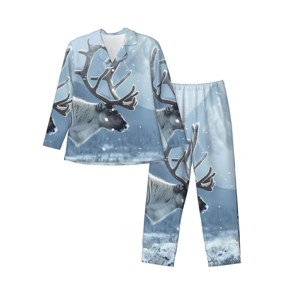 Bingfone Men's Pajama Set 2 Piece Loungewear PJs, Long Sleeve with Pajama Pants-Winter Reindeer In Snowy Mountains
