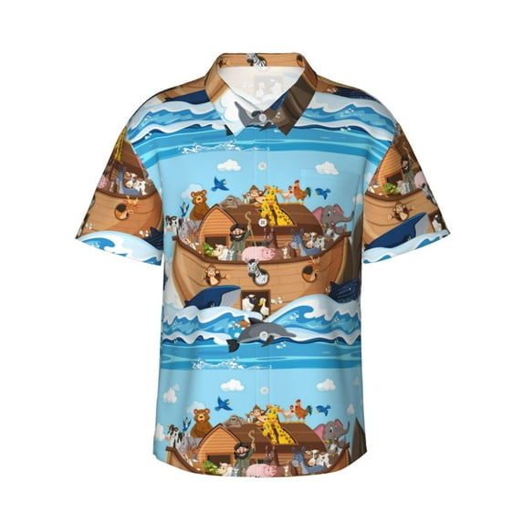 Bingfone Men's Short Sleeve Button Down Shirts Hawaiian Animals on Noah's Ark Floating Printed Beach Shirt