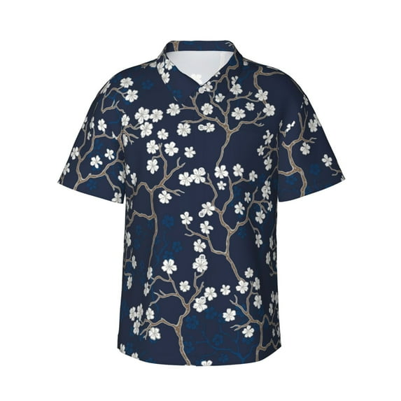 Bingfone Men's Short Sleeve Button Down Shirts Hawaiian Cherry Blossoms on Navy Background Printed Beach Shirt