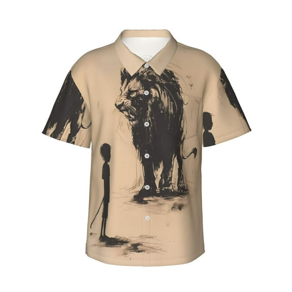 Bingfone Men's Short Sleeve Button Down Shirts Hawaiian Child And Lion Sketch Printed Beach Shirt