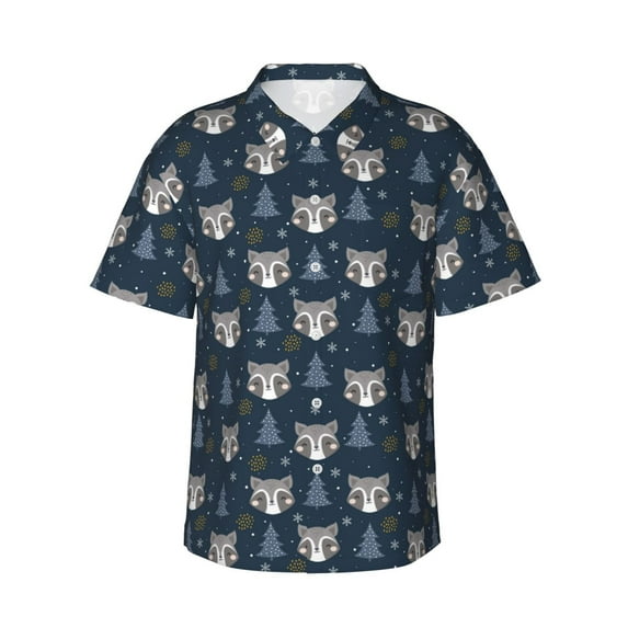Bingfone Men's Short Sleeve Button Down Shirts Hawaiian Cute Christmas Tree Raccoon Printed Beach Shirt