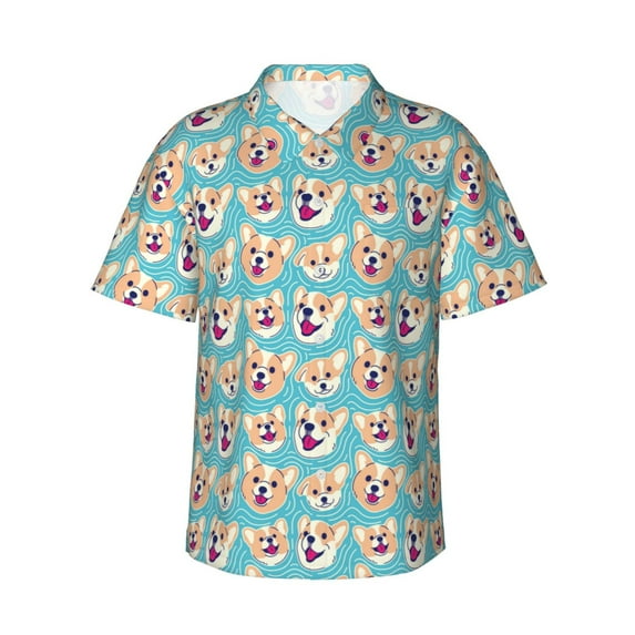 Bingfone Men's Short Sleeve Button Down Shirts Hawaiian Cute Corgi Head Printed Beach Shirt