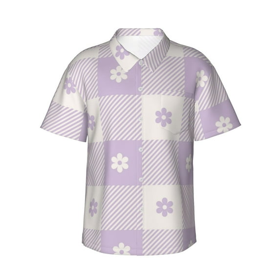 Bingfone Men's Short Sleeve Button Down Shirts Hawaiian Floral Purple Buffalo Plaid Printed Beach Shirt