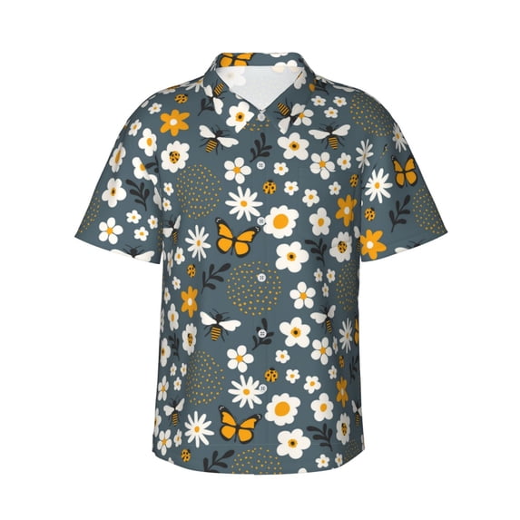 Bingfone Men's Short Sleeve Button Down Shirts Hawaiian Flowers and Bee Printed Beach Shirt