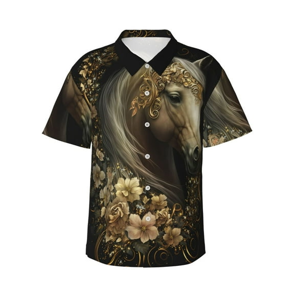 Bingfone Men's Short Sleeve Button Down Shirts Hawaiian Palatial Gold Pattern Horse Printed Beach Shirt