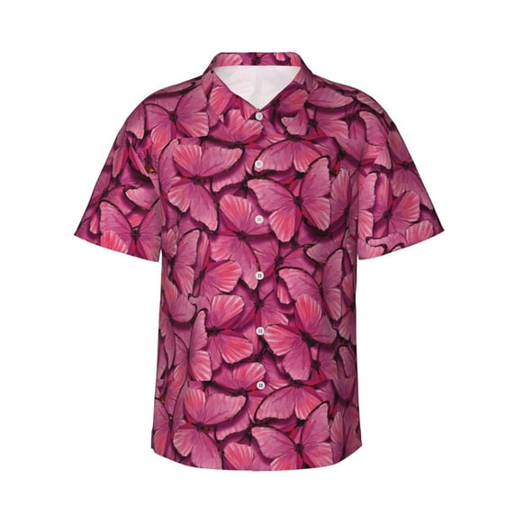 Bingfone Men's Short Sleeve Button Down Shirts Hawaiian Pink Butterfly Printed Beach Shirt