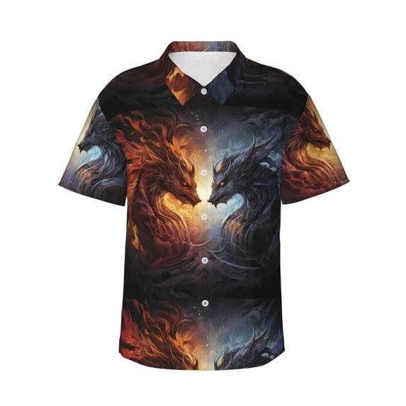 Bingfone Men's Short Sleeve Button Down Shirts Hawaiian Red And White Beast Printed Beach Shirt