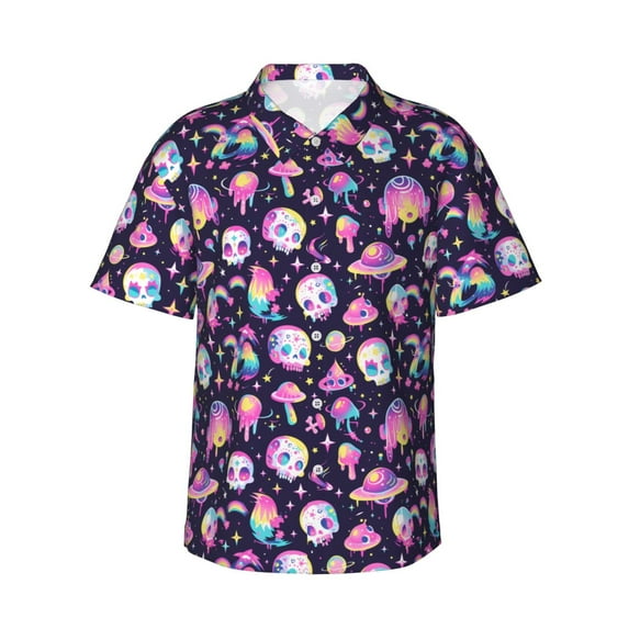 Bingfone Men's Short Sleeve Button Down Shirts Hawaiian Skull mushroom space Printed Beach Shirt