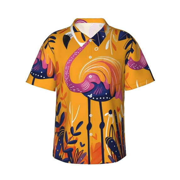 Bingfone Men's Short Sleeve Button Down Shirts Hawaiian Vibrant Flamingo Illustration Printed Beach Shirt