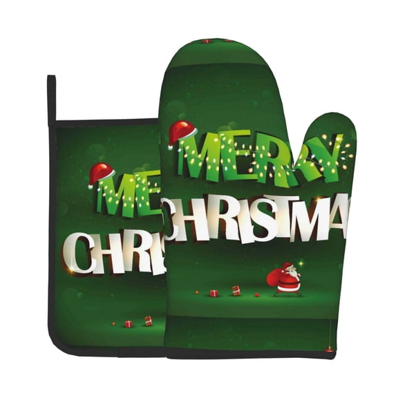 Bingfone Merry Christmas Print Oven Mitts Pot Holders Set 2 PCS for Kitchen for Cooking Grilling Baking BBQ Pot Holders Cook Essentials