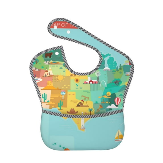 Bingfone Mess-Proof Baby Bib - Waterproof Bib For Baby Boy Or Girl With Food Catcher Pocket, Unisex-Usa Tourist Map