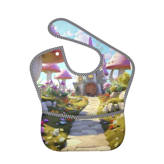 Bingfone Mess-Proof Baby Bib - Waterproof Bib for Baby Boy or Girl with Food Catcher Pocket, Unisex-Dreamy Mushroom House