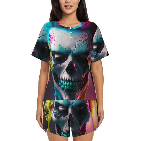 Bingfone Modern Abstract Colorful Skull A Print Pajamas Sets for Women Soft Short-Sleeved Pjs with Lounge Shorts Two Piece Sleepwear