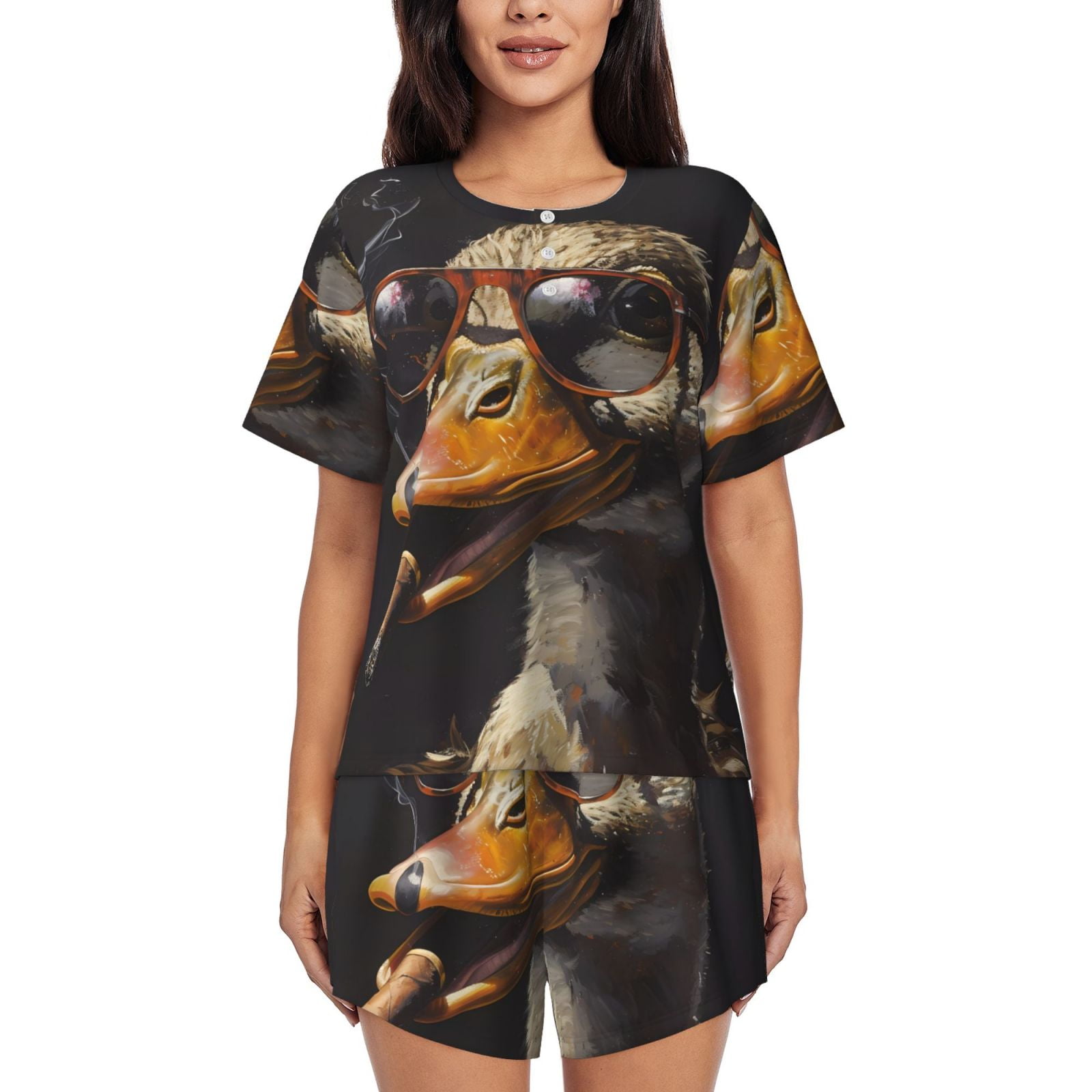 Bingfone Modern Funny Duck Print Pajamas Sets for Women Soft Short