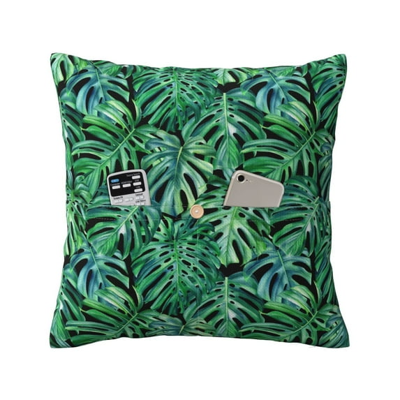 Bingfone Monstera Leaves Linen Throw Pillow Covers Cushion Case Pocket Button Vintage Farmhouse Pillowcase for Sofa Couch Bed 16"x16"