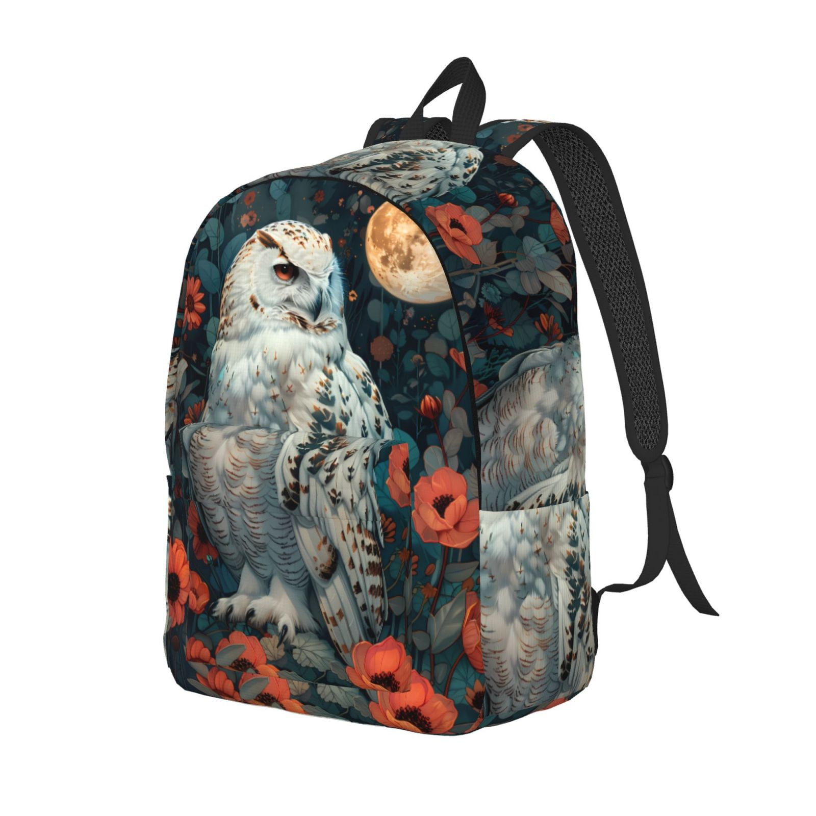 Bingfone Moon Flower White Owl Print Canvas College Laptop Backpack Large Capacity Lightweight College Bookbag Casual Daypack Medium