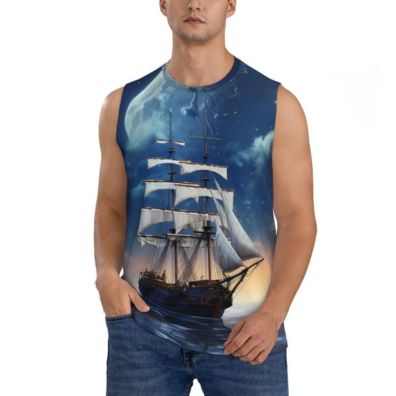 Bingfone Moonlit Night Sea Sailboat Pattern Men's Tank Tops Workout Sleeveless Tee Shirts Running Beach Tanks for Men-Small