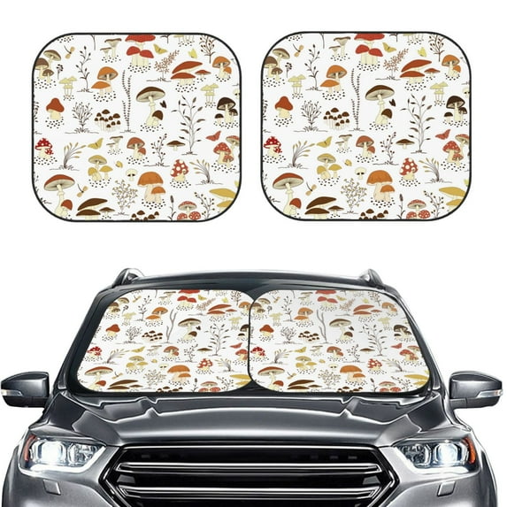 Bingfone Mushrooms And Butterflies Print 2-Piece Sun Shade Front Windshield - Foldable Car Front Window Sunshades For Most Sedans Suv Truck - Small