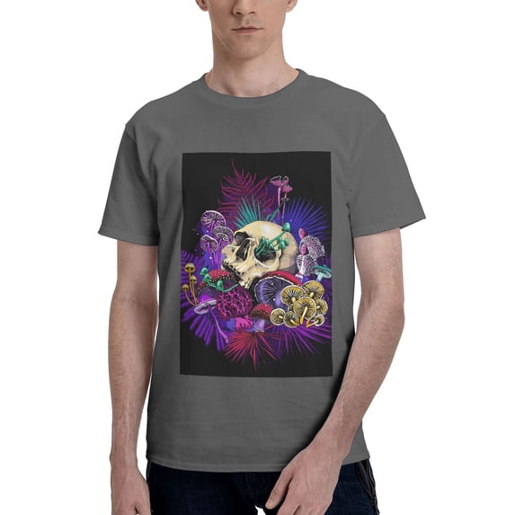 Bingfone Mushrooms And Skull Men'S Loose Fit Short-Sleeve Pocket T-Shirt