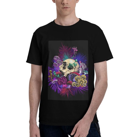 Bingfone Mushrooms And Skull Men'S Loose Fit Short-Sleeve Pocket T-Shirt