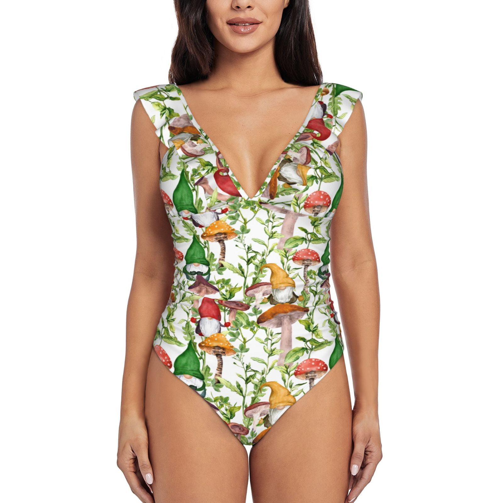 Bingfone Mushrooms Gnomes Print Women Ruffle One Piece Swimsuit Flounce