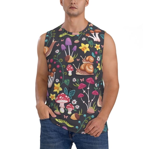 Bingfone Mushrooms Snails Butterflies Pattern Men's Tank Tops Workout Sleeveless Tee Shirts Running Beach Tanks for Men-3X-Large