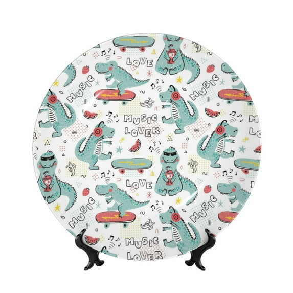 Bingfone Music Lover Dinosaur Print Bone China Dinner Decorative Plates,Handmade Ceramic Dinner Plate with Stand for Home Club-10in