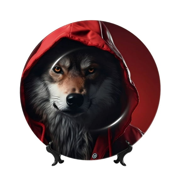 Bingfone Mysterious Hooded Wolf Print Bone China Dinner Decorative Plates,Handmade Ceramic Dinner Plate with Stand for Home Club-7in