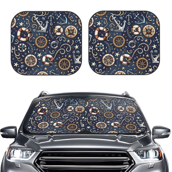 Bingfone Nautical Print 2-Piece Sun Shade Front Windshield - Foldable Car Front Window Sunshades For Most Sedans Suv Truck - Medium