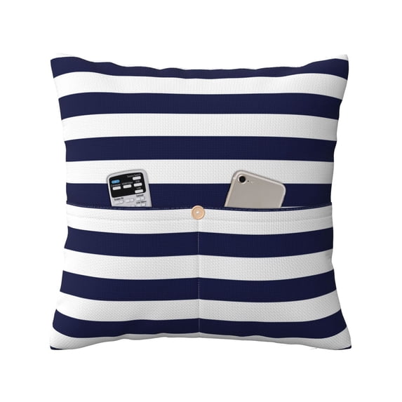 Bingfone Navy Blue And White Stripes Linen Throw Pillow Covers Cushion Case Pocket Button Vintage Farmhouse Pillowcase for Sofa Couch Bed 16"x16"
