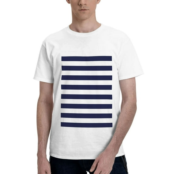 Bingfone Navy Blue And White Stripes Men'S Loose Fit Short-Sleeve Pocket T-Shirt