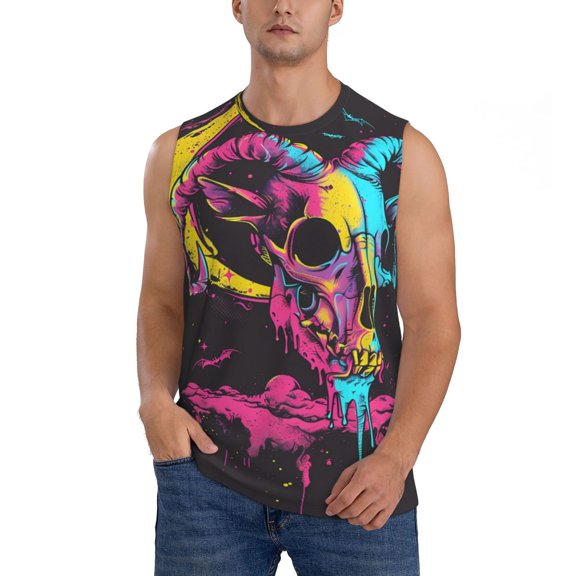 Bingfone Neon Gothic Skull Moon Pattern Men's Tank Tops Workout Sleeveless Tee Shirts Running Beach Tanks for Men-Small
