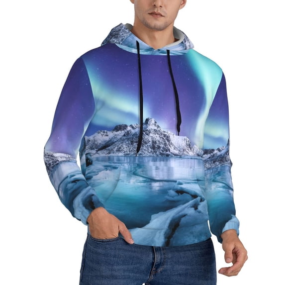 Bingfone Night At Lake Aurora 1 Men's Drawstring Hoodie Long Sleeve Pocket Sweatshirts-XX-Large