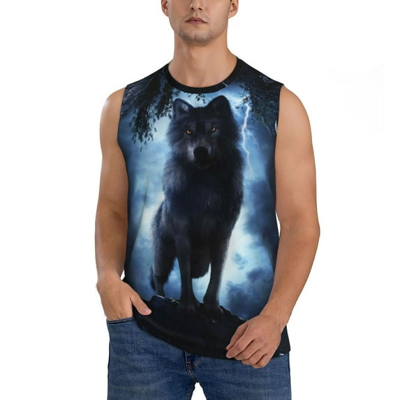 Bingfone Night Scene of Wolves Pattern Men's Tank Tops Workout Sleeveless Tee Shirts Running Beach Tanks for Men-X-Large