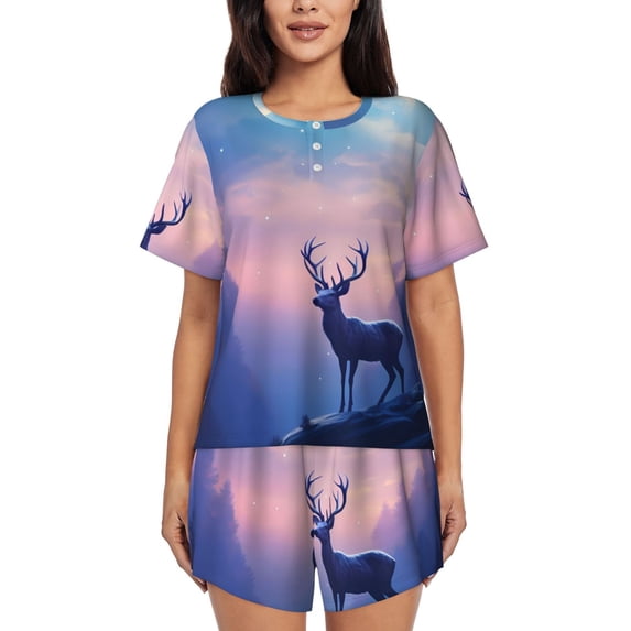 Bingfone Night Sky Elk Print Pajamas Sets for Women Soft Short-Sleeved Pjs with Lounge Shorts Two Piece Sleepwear