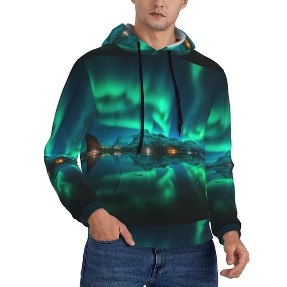 Bingfone Northern Lights Men's Drawstring Hoodie Long Sleeve Pocket Sweatshirts-X-Large