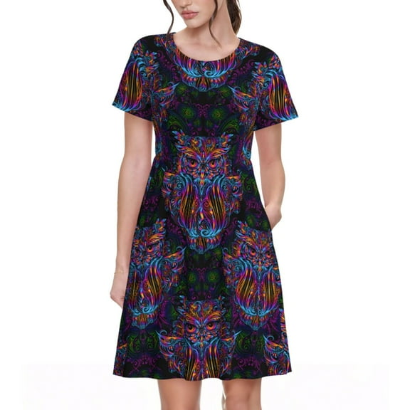 Bingfone Paisley And Owls Print Women’s Short Sleeve Dress, Comfortable Casual Dress, Stylish Summer Dress with Stretchy Fit for Daily Wear