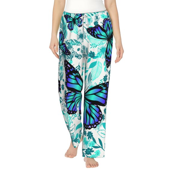 Bingfone Pajamas For Women,Blue Floral With Butterflies Pajama Pants With Pockets-Small